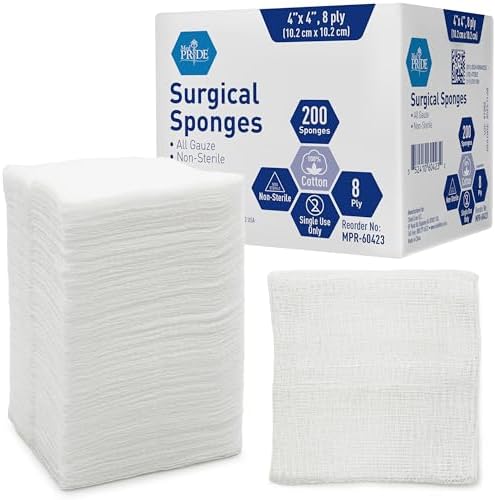 MED PRIDE Surgical Sponges 200 Pack 4'' x 4'', 8 ply -Gauze Pads Non sterile -First Aid Wound Care Dressing Sponge Woven Medical Nonstick, Non Adherent Mesh Scrubbing Bandages Disposable, Absorbent