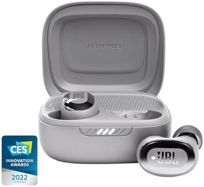 JBL Live Free 2 - True Wireless Noise Cancelling Earbuds, Up to 35hrs of Playtime, 6 mics for Perfect Calls with Zero Noise, IPX5 Waterproof, Oval Tubes for Better Comfort, Isolation, & bass (Silver)