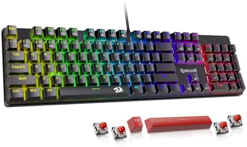 Redragon Mechanical Gaming Keyboard Wired, 11 Programmable Backlit Modes, Hot-Swappable Red Switch, Anti-Ghosting, Double-Shot PBT Keycaps, Light Up Keyboard for PC Mac