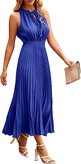 PRETTYGARDEN Women's Midi Summer Dresses Casual V Neck Swiss Dot Ruffle Sleeveless A Line Beach Sun Dress