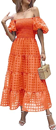 PRETTYGARDEN Women's Casual Summer Midi Dress Puffy Short Sleeve Square Neck Smocked Tiered Ruffle Dresses